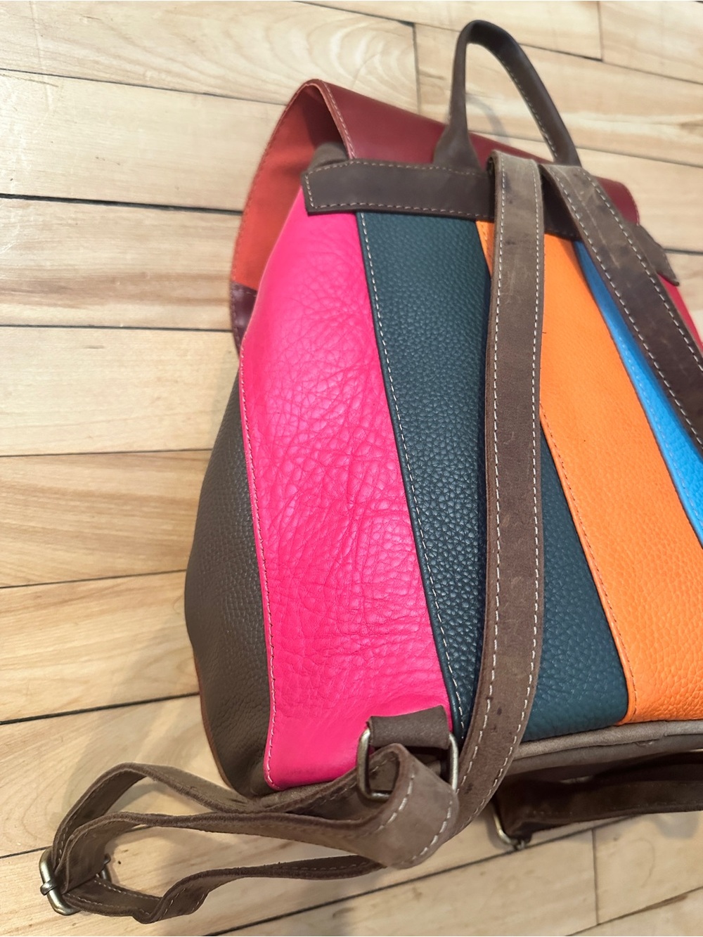 Multicolor Leather Patchwork Drawstring Backpack - Pink/Maroon - Picture 5 of 9